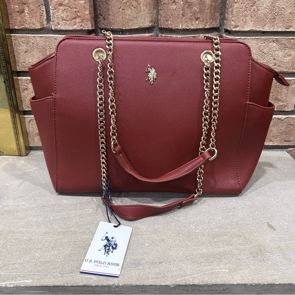 U.S. Polo Assn. Tote Women’s Brown Bag Elegant Handbag with chain large bag